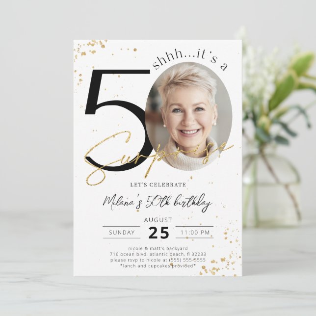 Surprise 50th Birthday Gold Photo Invitation (Standing Front)