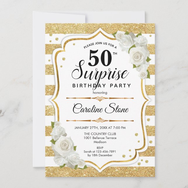Surprise 50th Birthday - Gold White Invitation (Front)