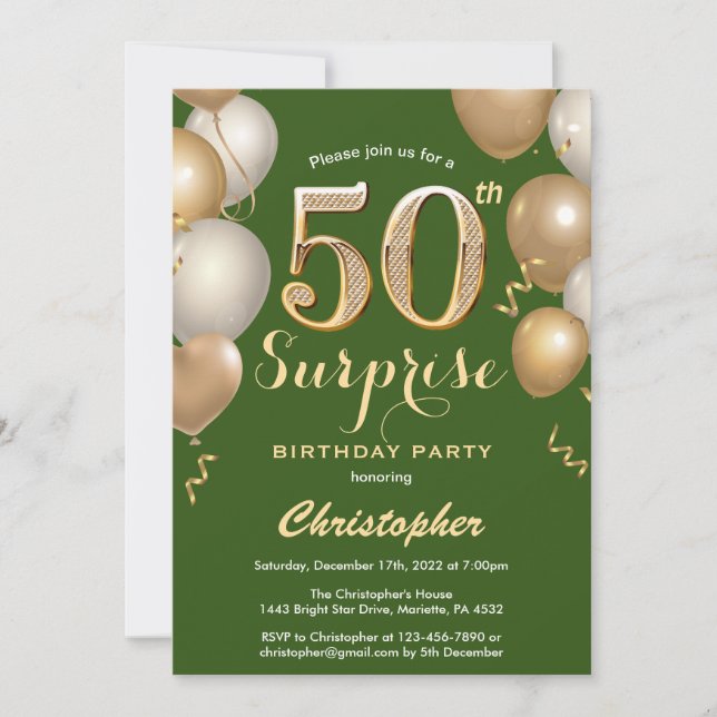 Surprise 50th Birthday Green and Gold Balloons Invitation (Front)