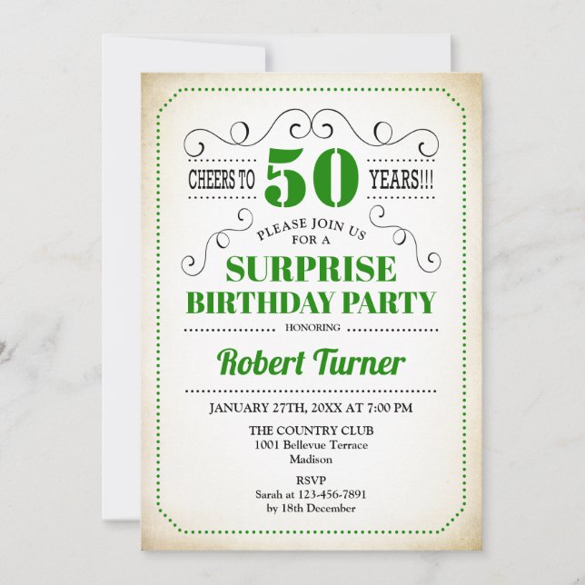 Surprise 50th Birthday - Green White Black Invitation (Front)