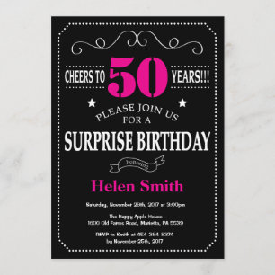 Surprise 50th Birthday Hot Pink and Black Invitation