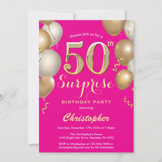 Surprise 50th Birthday Hot Pink and Gold Balloons Invitation (Front)