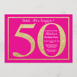 Surprise 50th Birthday Hot Pink and Gold Glitter Invitation