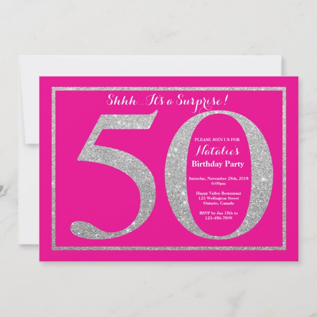 Surprise 50th Birthday Hot Pink and Silver Glitter Invitation (Front)