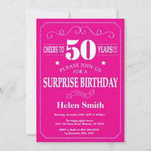Surprise 50th Birthday Hot Pink and White Invitation