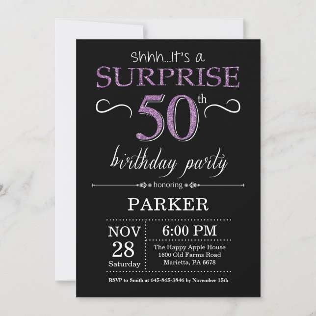 Surprise 50th Birthday Invitation Black and Purple (Front)