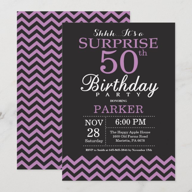 Surprise 50th Birthday Invitation Black and Purple (Front/Back)