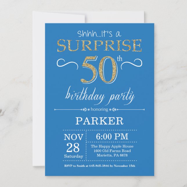 Surprise 50th Birthday Invitation Blue and Gold (Front)