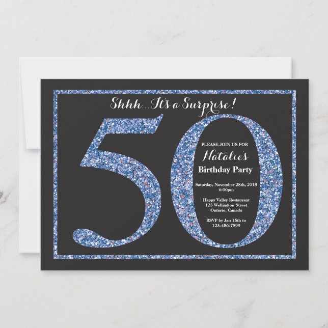 Surprise 50th Birthday Invitation Blue Glitter (Front)