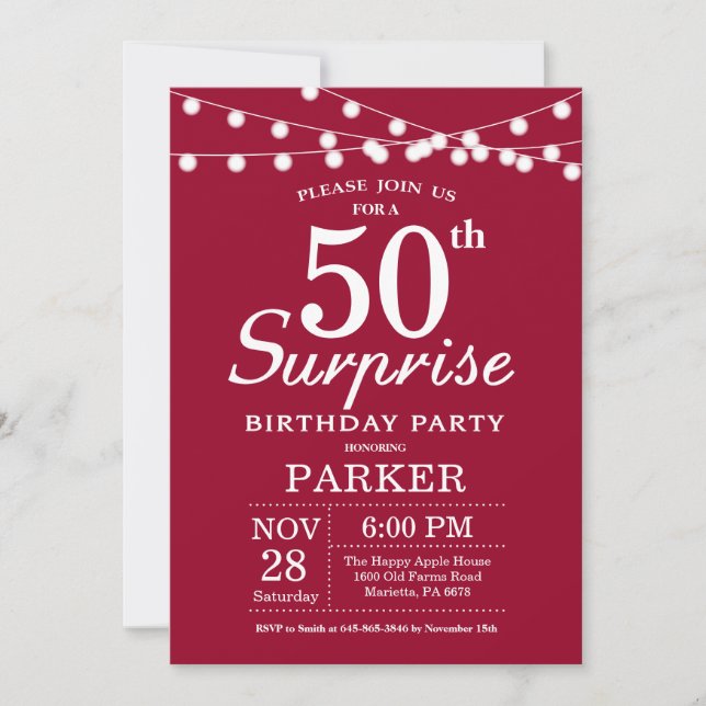 Surprise 50th Birthday Invitation Burgundy Red (Front)