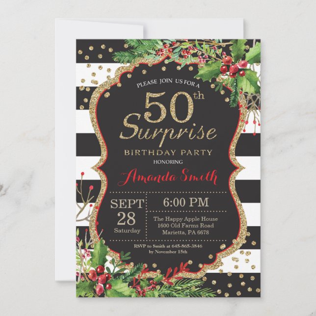 Surprise 50th Birthday Invitation Christmas Gold (Front)