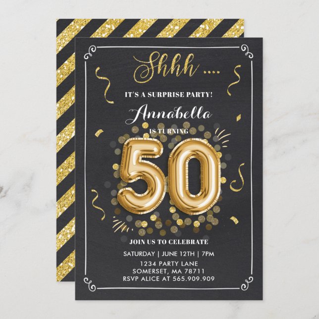 Surprise 50th Birthday Invitation Gold Chalkboard (Front/Back)