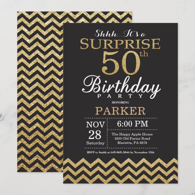 Surprise 50th Birthday Invitation Gold Glitter (Front/Back)