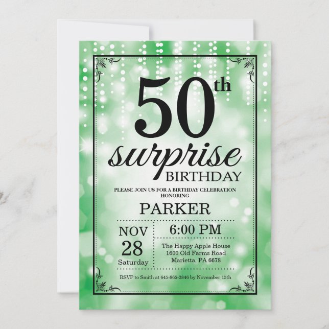 Surprise 50th Birthday Invitation Green Glitter (Front)