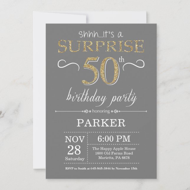 Surprise 50th Birthday Invitation Grey and Gold (Front)