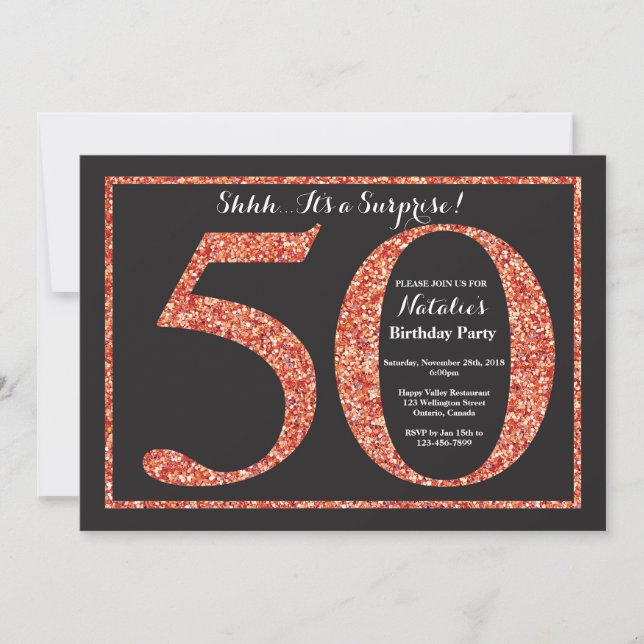 Surprise 50th Birthday Invitation Orange Glitter (Front)