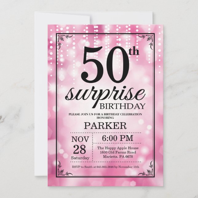 Surprise 50th Birthday Invitation Pink Glitter (Front)