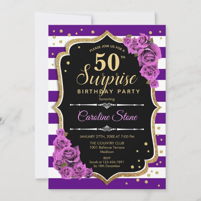 Surprise 50th Birthday Invitation - Purple Gold (Front)