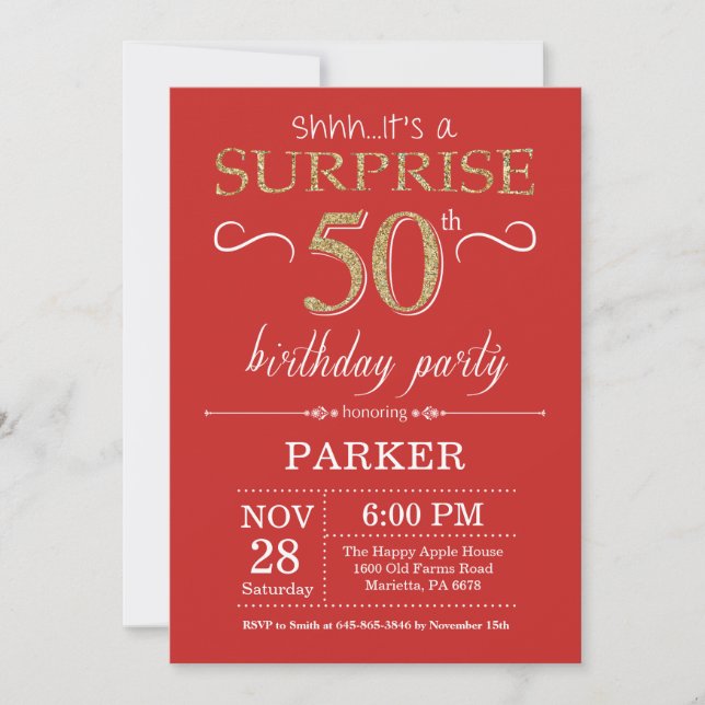 Surprise 50th Birthday Invitation Red and Gold (Front)