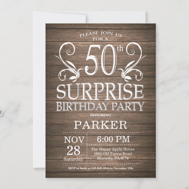 Surprise 50th Birthday Invitation Rustic Wood (Front)