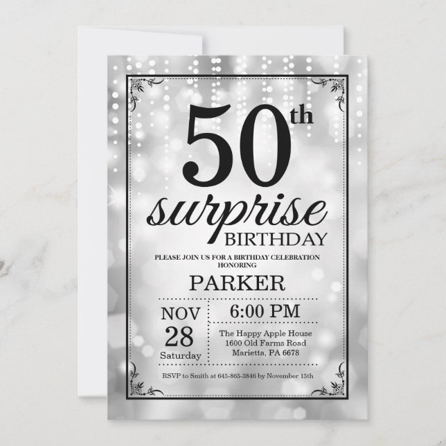 Surprise 50th Birthday Invitation Silver Glitter (Front)