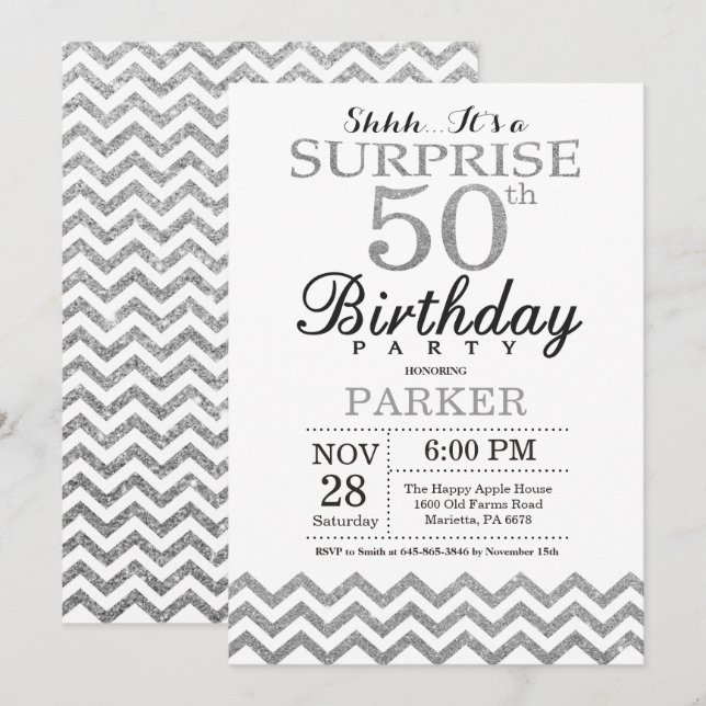Surprise 50th Birthday Invitation Silver Glitter (Front/Back)