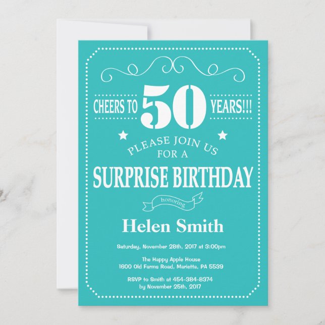 Surprise 50th Birthday Invitation Teal and White (Front)