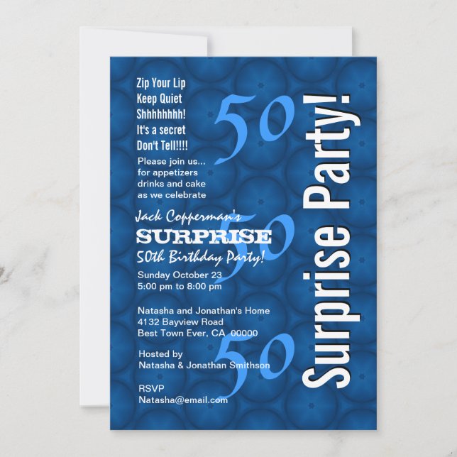 SURPRISE 50th Birthday Modern Blue Pattern G209 Invitation (Front)