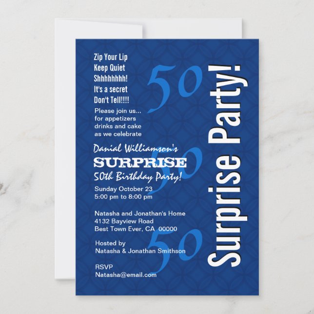 SURPRISE 50th Birthday Modern Royal Blue G200 Invitation (Front)