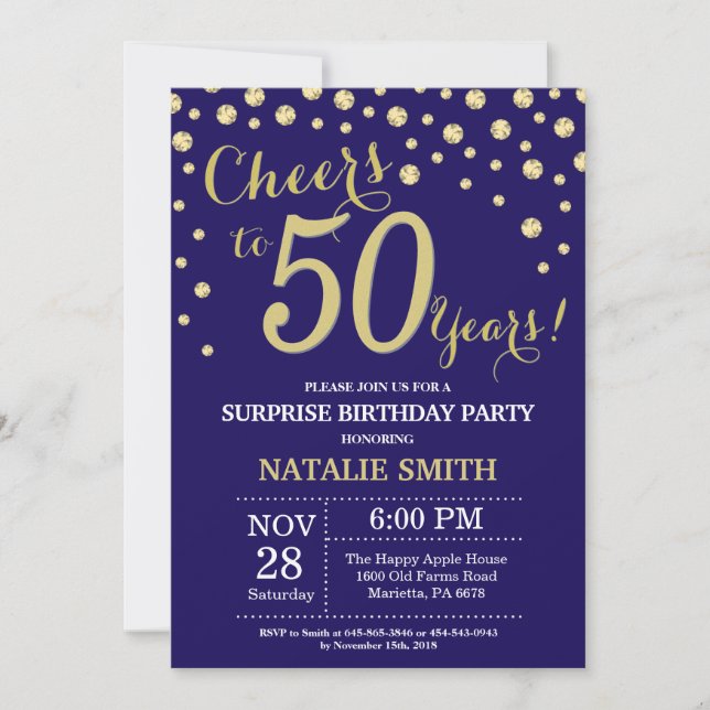 Surprise 50th Birthday Navy Blue and Gold Diamond Invitation (Front)