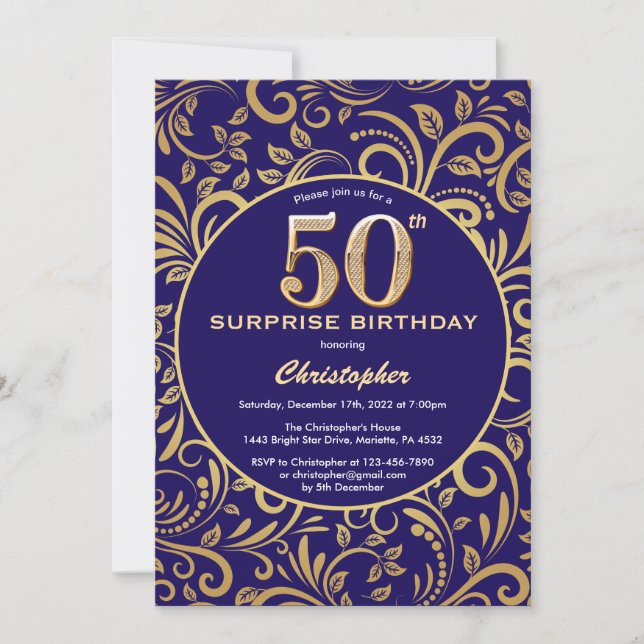 Surprise 50th Birthday Navy Blue and Gold Floral Invitation (Front)