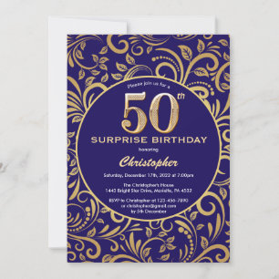 Surprise 50th Birthday Navy Blue and Gold Floral Invitation