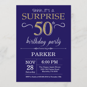 Surprise 50th Birthday Navy Blue and Gold Glitter Invitation