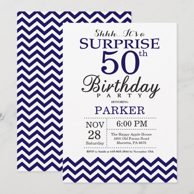 Surprise 50th Birthday Navy Blue Chevron Invitation (Front/Back)
