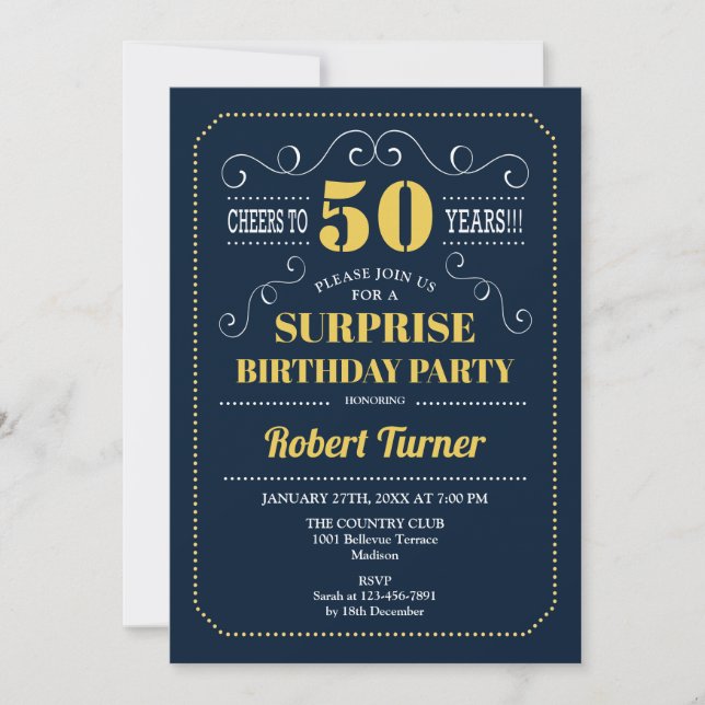 Surprise 50th Birthday - Navy Blue Gold Invitation (Front)