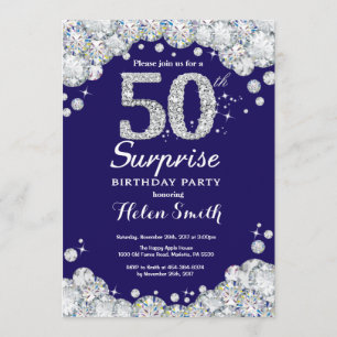 Surprise 50th Birthday Navy Blue Silver Diamond Invitation