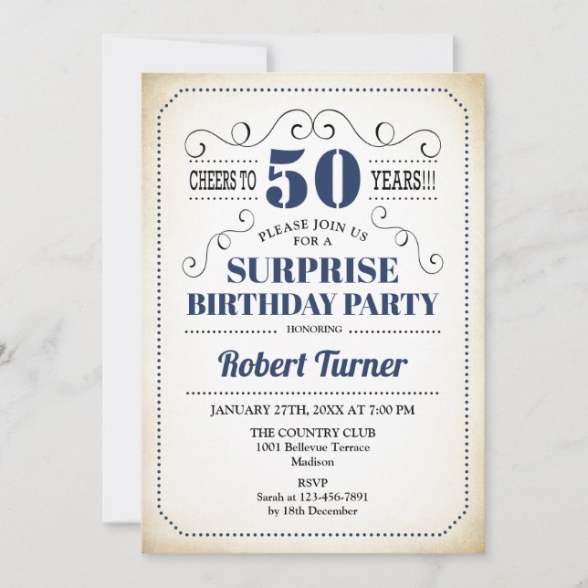 Surprise 50th Birthday - Navy Blue White Black Invitation (Front)