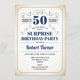 Surprise 50th Birthday - Navy Blue White Black Invitation