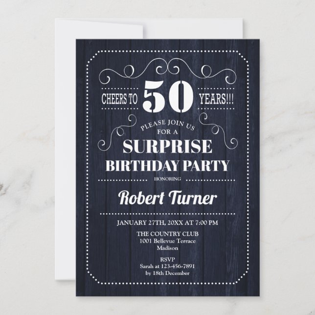 Surprise 50th Birthday - Navy Wood Pattern Invitation (Front)