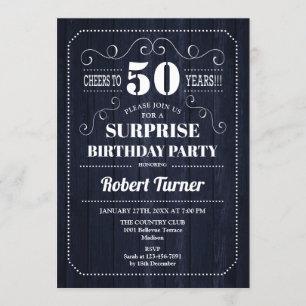 Surprise 50th Birthday - Navy Wood Pattern Invitation