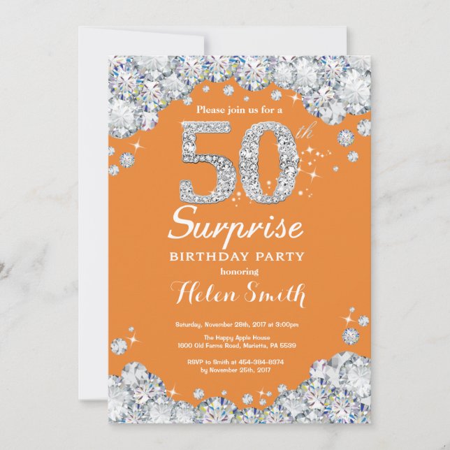 Surprise 50th Birthday Orange and Silver Diamond Invitation (Front)