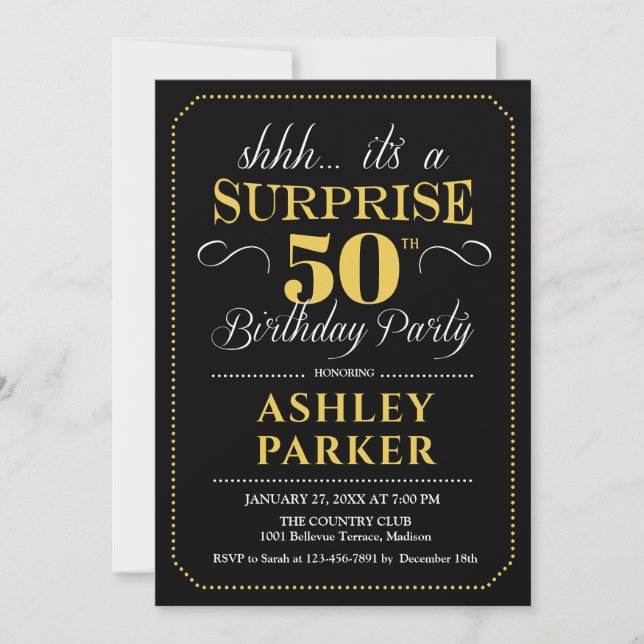 Surprise 50th Birthday Party - Black Gold Invitation (Front)