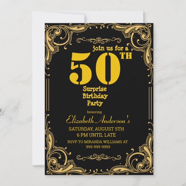 Surprise 50th Birthday Party Black & Gold Invitation (Front)