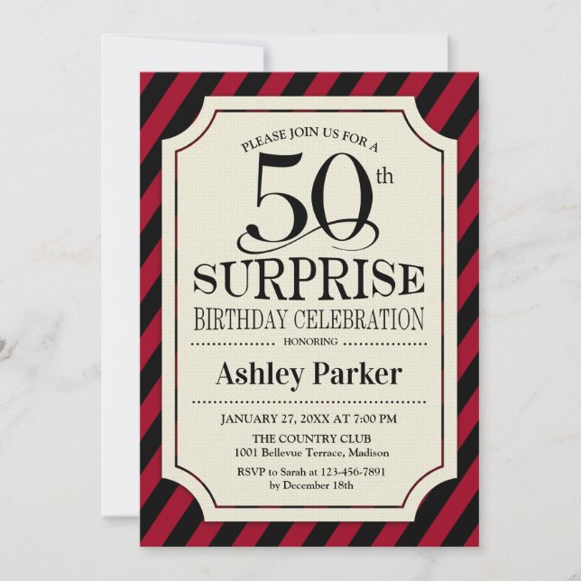 Surprise 50th Birthday Party - Black Red Stripes Invitation (Front)