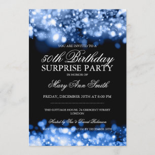 Surprise 50th Birthday Party Blue Sparkling Lights Invitation