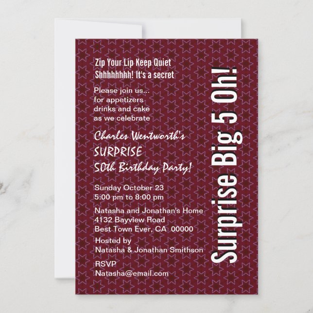 SURPRISE 50th Birthday Party Burgundy Stars Invitation (Front)