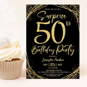 Surprise 50th Birthday Party Chic Black & Gold  Invitation