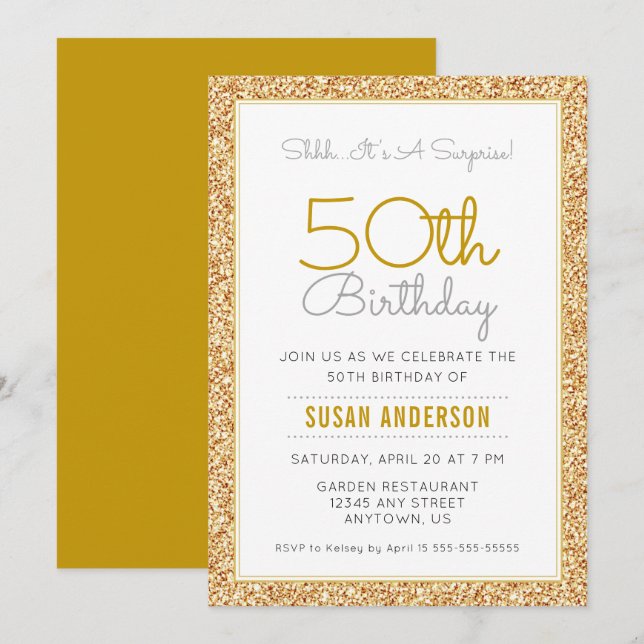 Surprise 50th Birthday Party Faux Gold Glitter Invitation (Front/Back)