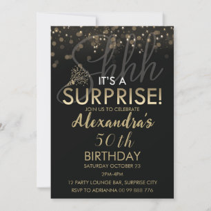 Surprise 50th Birthday Party for Women, Black Invitation