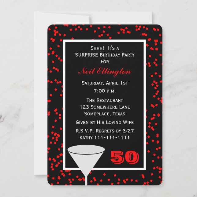 Surprise 50th Birthday Party Glass with Confetti Invitation (Front)